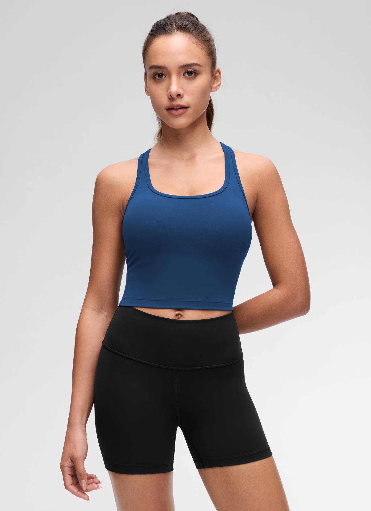 CRZ YOGA Women's Yoga Low support Butterluxe Scoop Neck Bra Y-Back French Navy