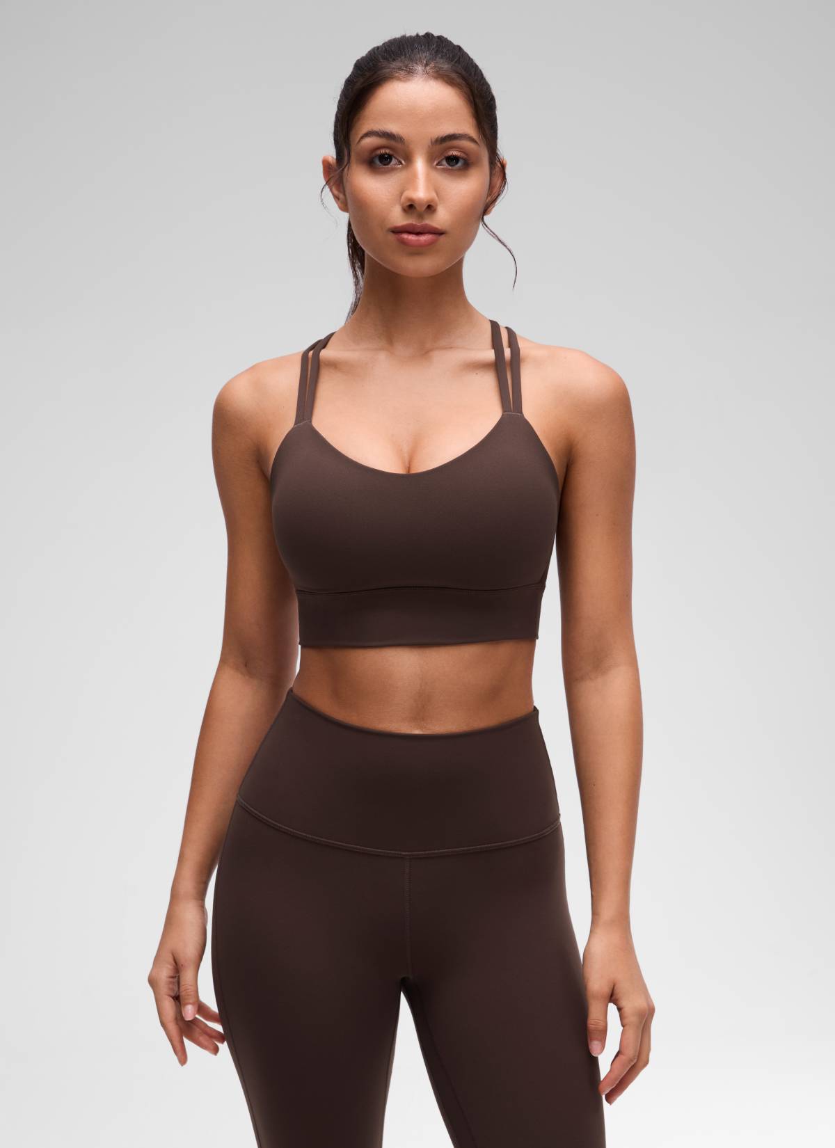CRZ YOGA Womens Butterluxe Strappy Longline Criss Cross Molded Cup Bra Hot Fudge Brown