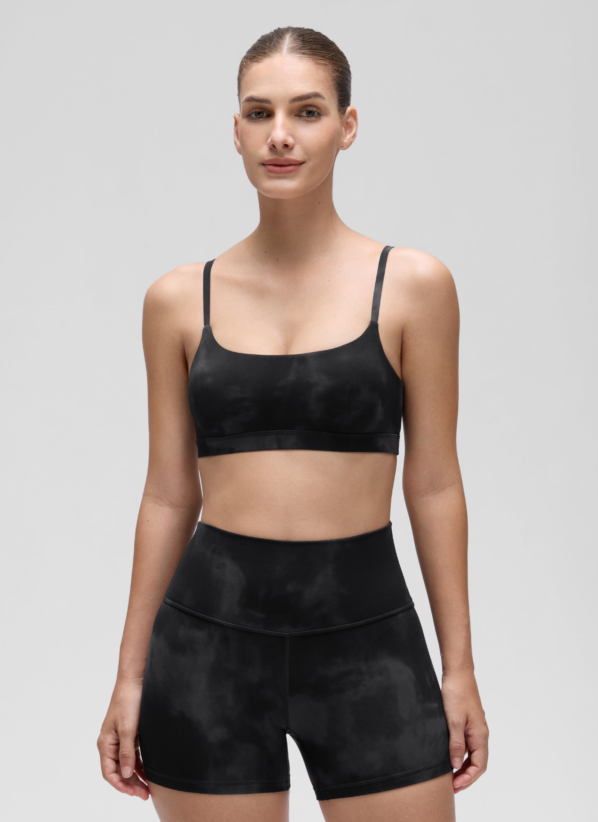 CRZ YOGA Womens Butterluxe Adjustable Spaghetti Strap Scoop Neck Bra Black Tie Dye Flowers
