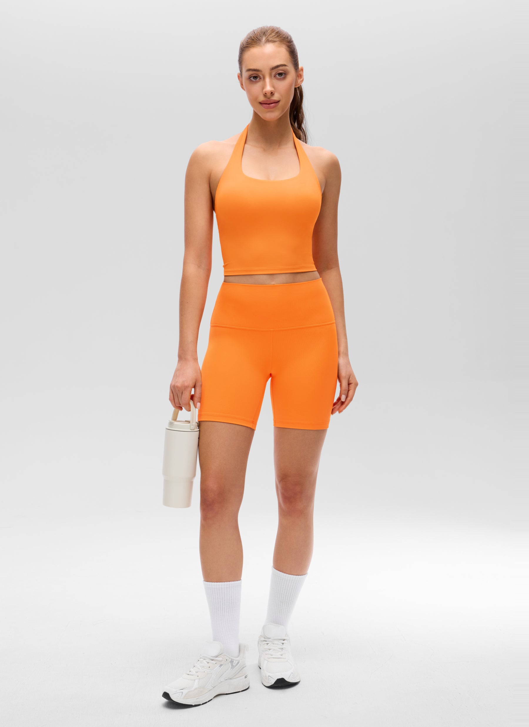 CRZ YOGA Womens Butterluxe Halter Longline Sports Bra Crop Tank Tops Tiger Orange