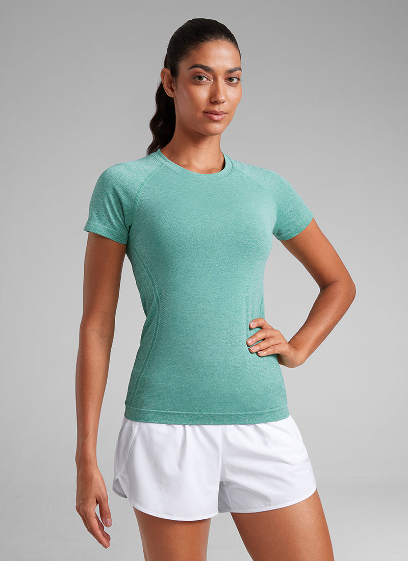 CRZ YOGA Women's Running Classic Fit Shirts Seamless Short Sleeves Cascadia Green