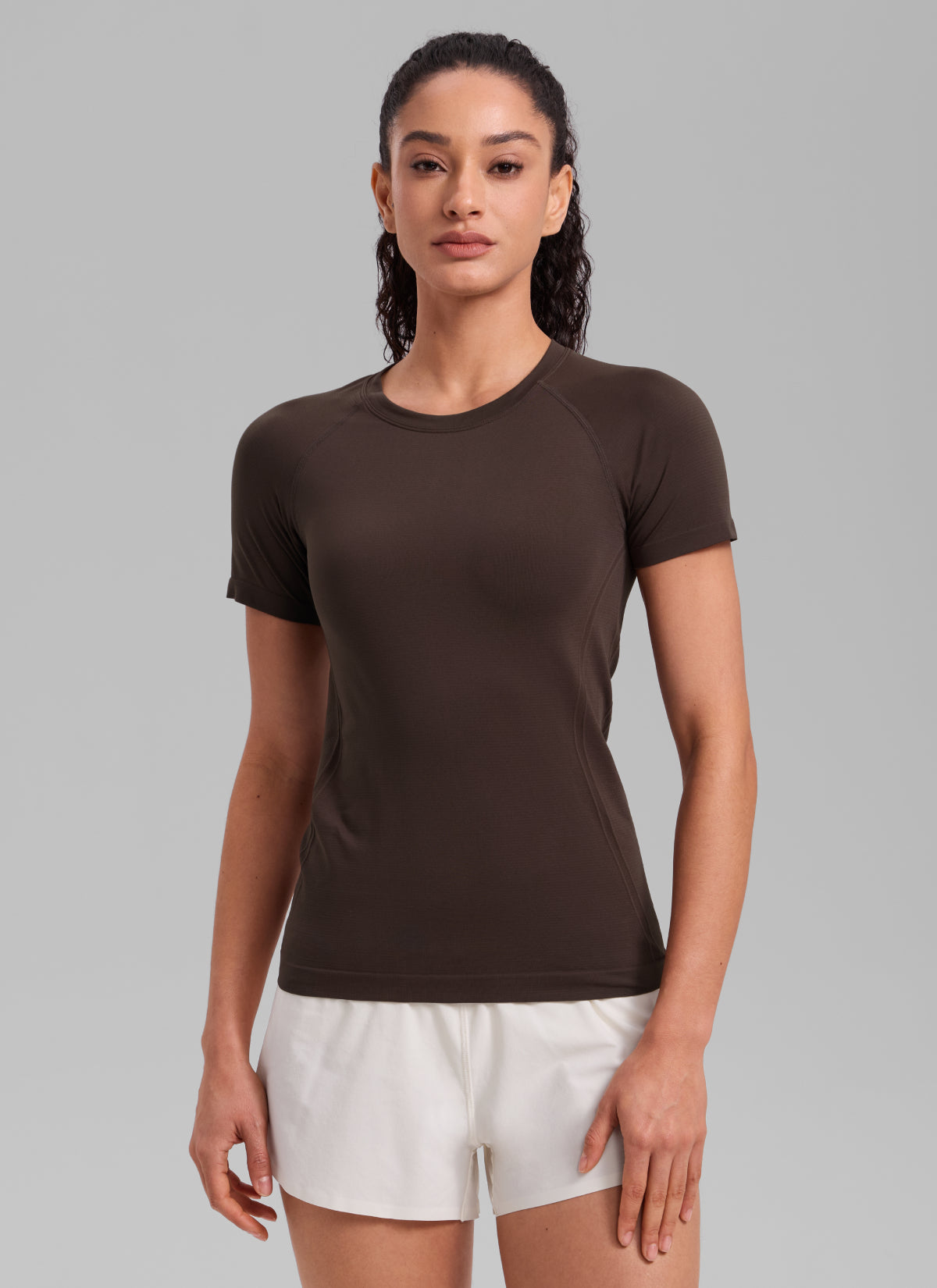 CRZ YOGA Women's Running Classic Fit Shirts Seamless Short Sleeves Hot Fudge Brown