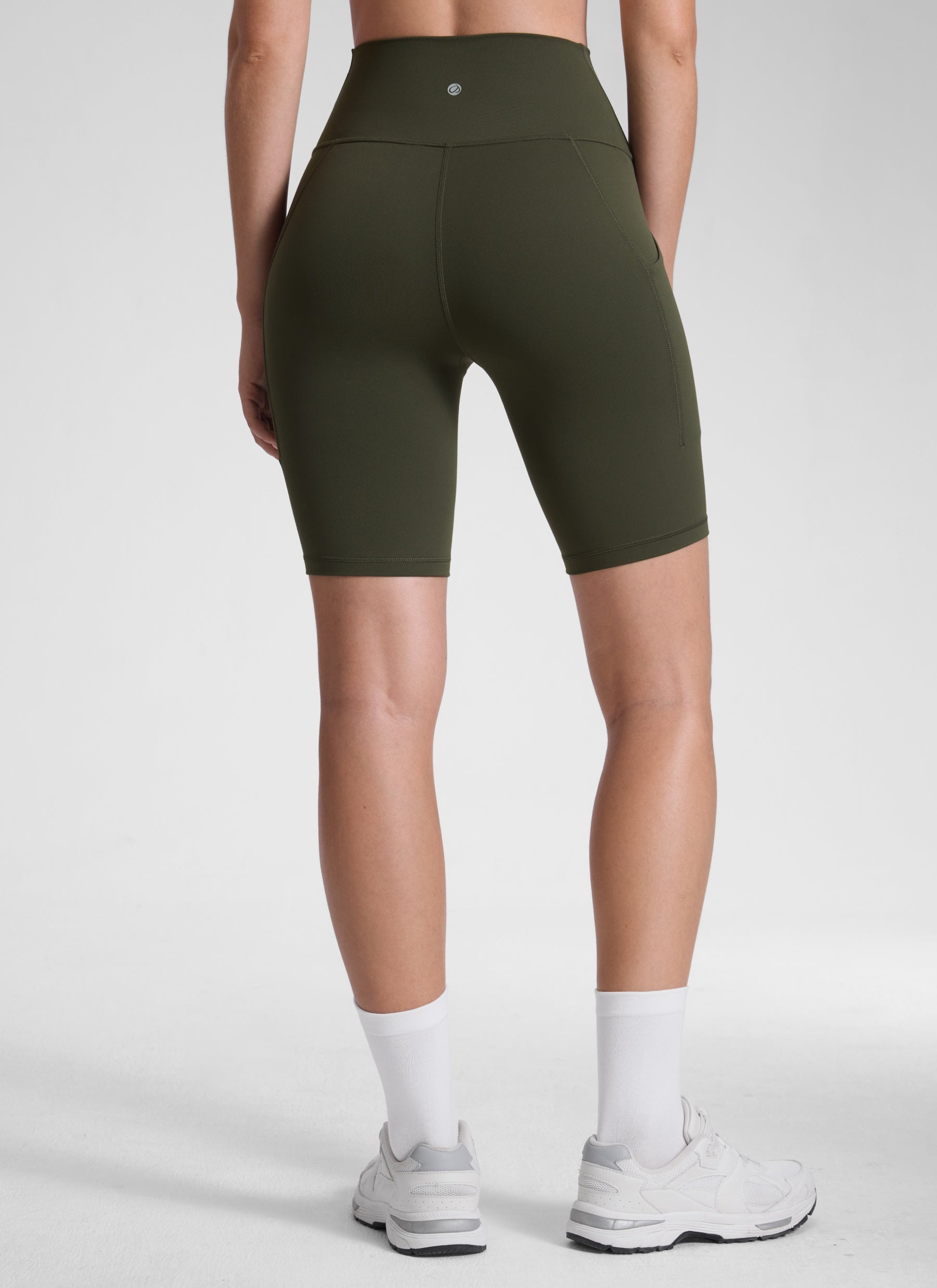 CRZ YOGA Women's Yoga High Rise Biker Butterluxe Pockets Shorts 8'' Olive Green