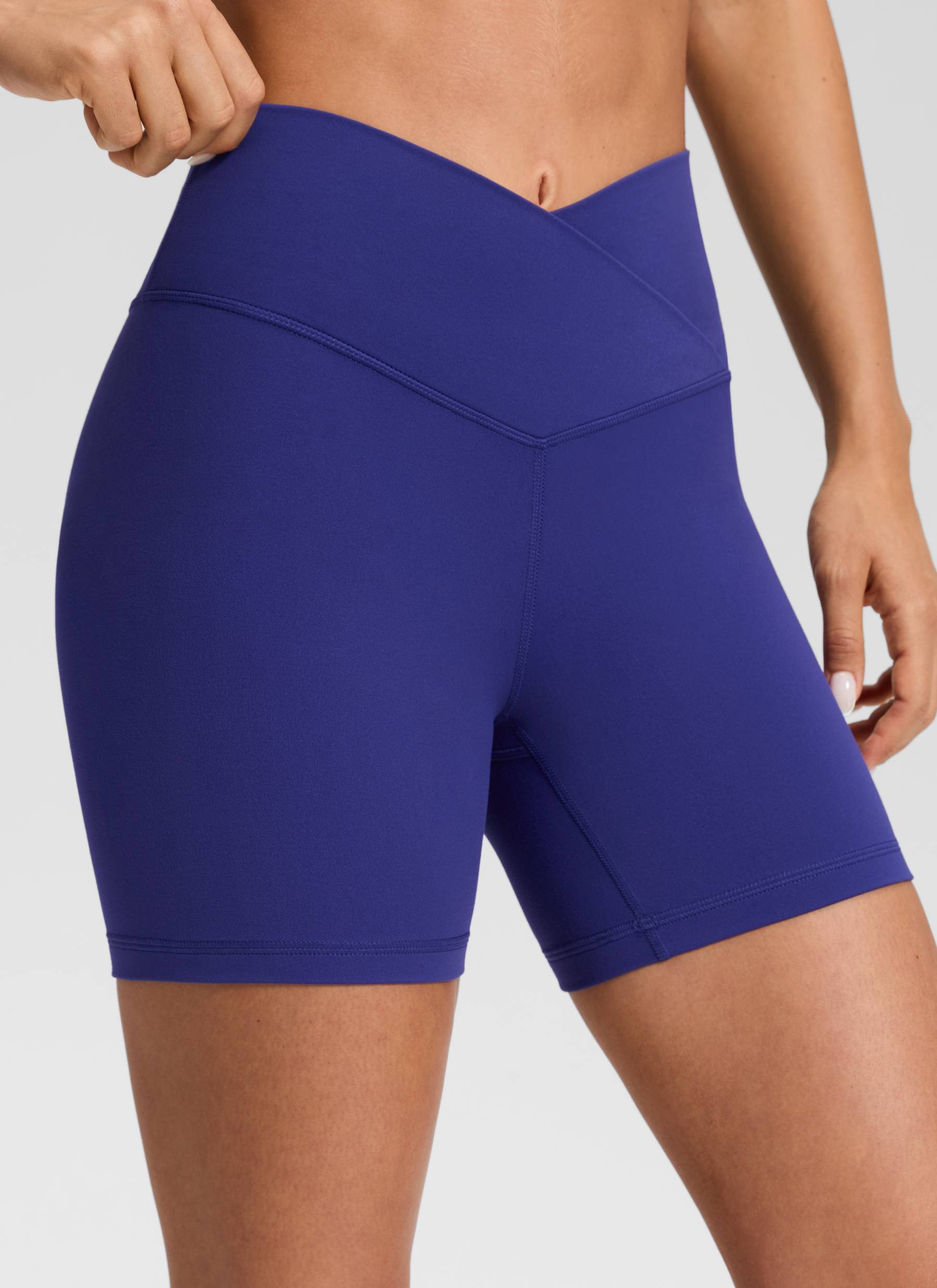 CRZ YOGA Women's High Rise Butterluxe V Cross Waist Biker Shorts 5'' Larkspur Blue